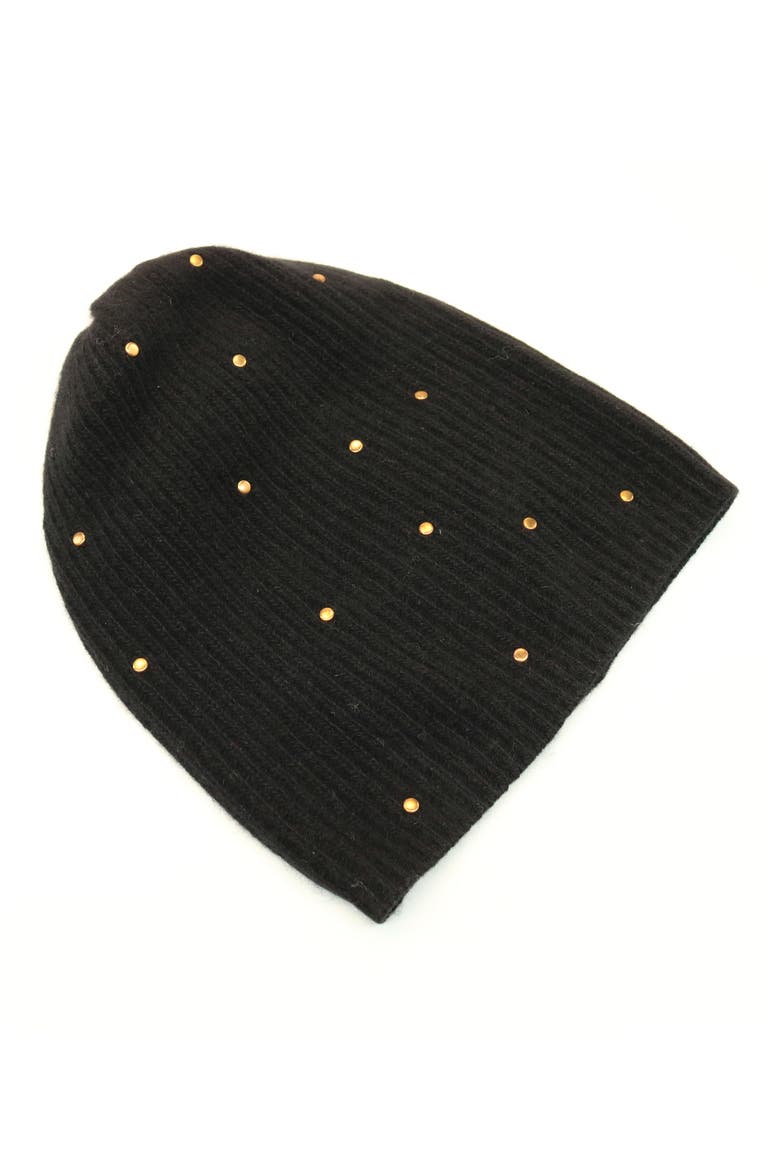 Ribbed Studded Cashmere Beanie, Alternate, color, BLACK
