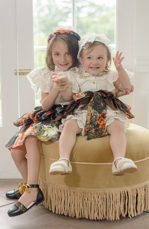 Petite Maison Kids Alexis Foliage Print Romper In White With Brown Flower Print