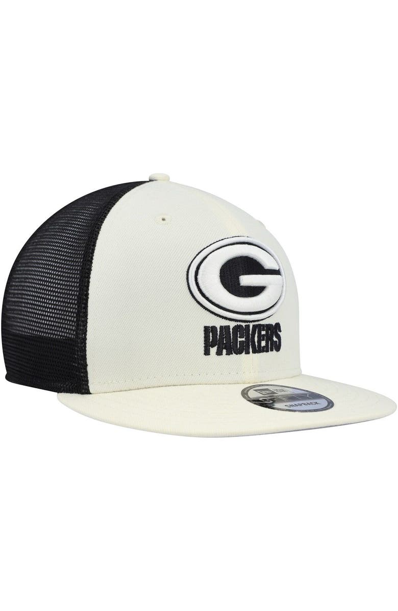 New Era Men's New Era Cream/Black Green Bay Packers Chrome Collection 9FIFTY Trucker Snapback Hat, Alternate, color,