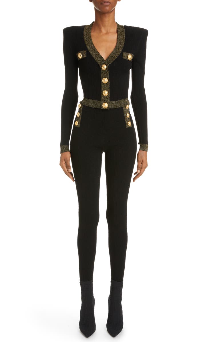 Balmain Metallic Trim V-Neck Cardigan, Alternate, color,