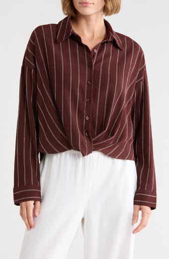 Stripe Twist Front Textured Button-Up Top