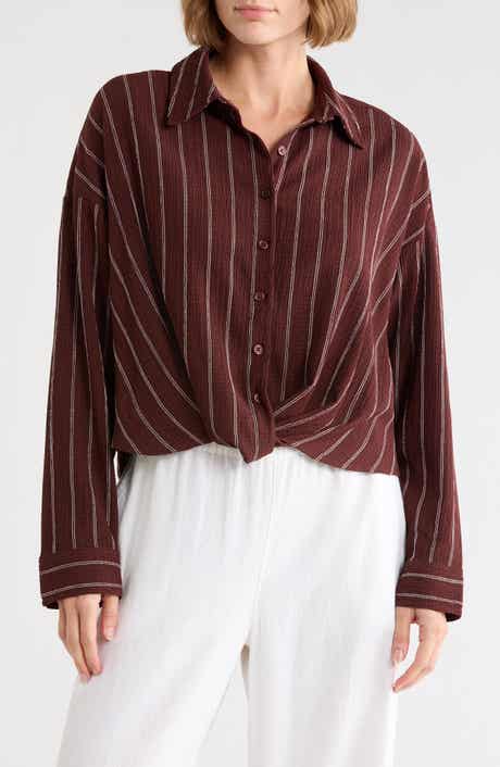Stripe Twist Front Textured Button-Up Top