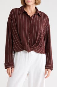 Caslon® Stripe Twist Front Textured Button-Up Top