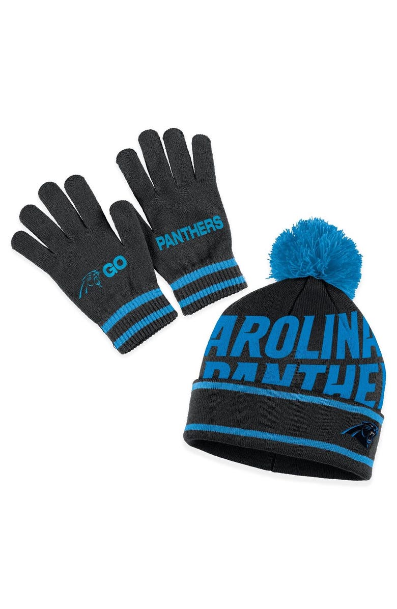 WEAR by Erin Andrews Women's WEAR by Erin Andrews Black Carolina Panthers Double Jacquard Cuffed Knit Hat with Pom and Gloves Set, Main, color, Black