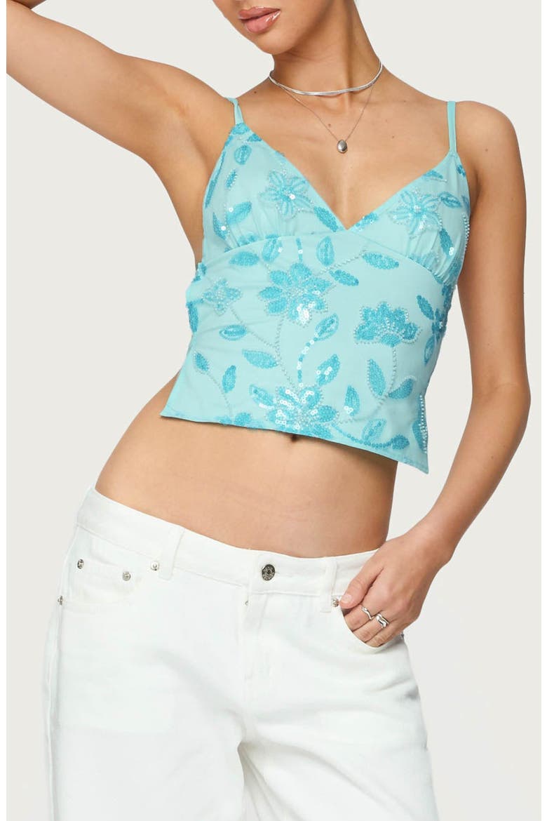 Pia Sequin Flower Open Back Camisole, Main, color, TURQUOISE