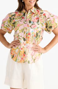 Brave+True Meadow Floral Puff Sleeve Button-Up Top