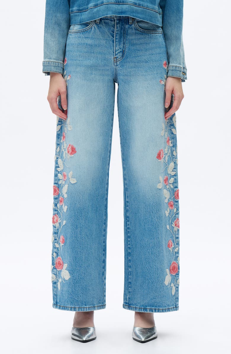 Bayeas Floral Embroidered High Waist Barrel Leg Jeans, Main, color, Light Blue