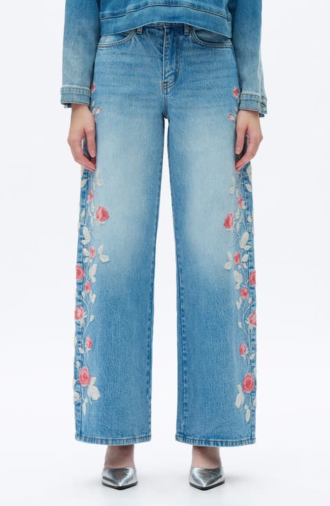 Floral Embroidered High Waist Barrel Leg Jeans