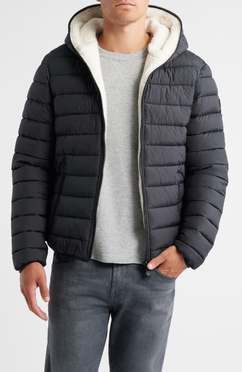Save The Duck Bertie Faux Shearling Lining Hooded Puffer Jacket In Black