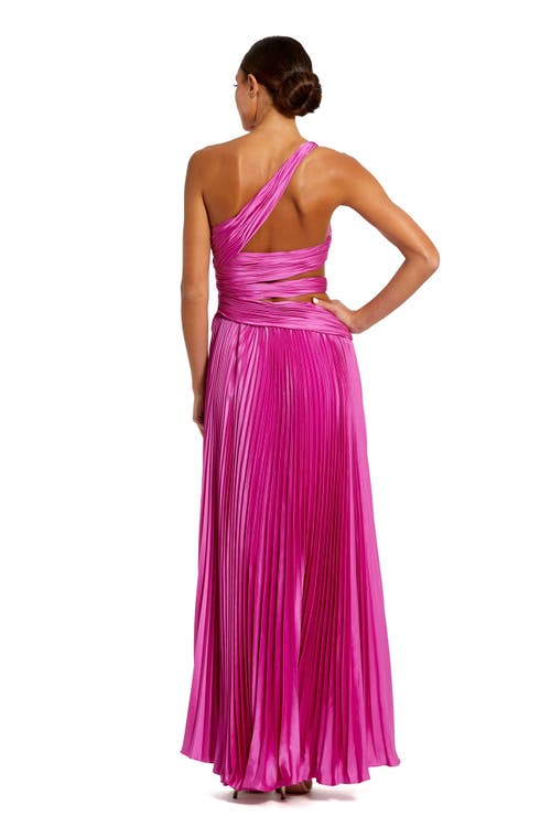 Mac Duggal One Shoulder Pleated Charmeuse Gown With Slit In Fuchsia
