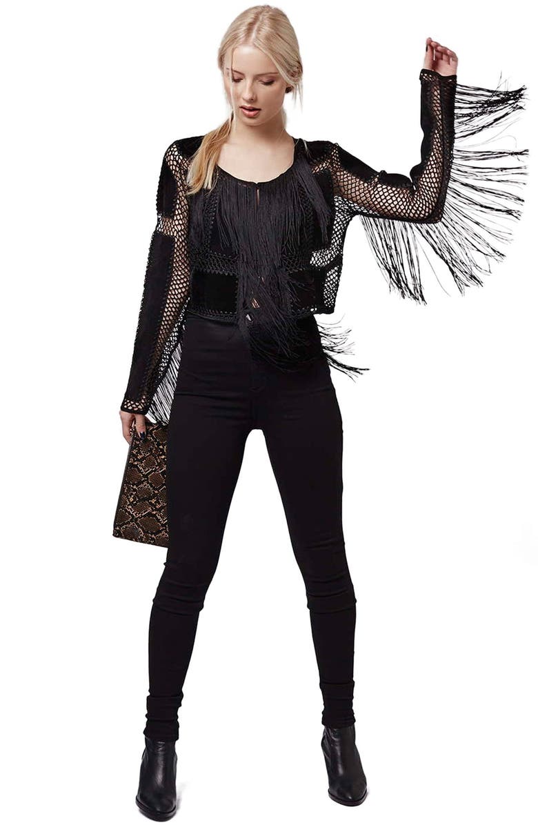 Topshop Fringe Openwork Faux Suede Top, Alternate, color, 