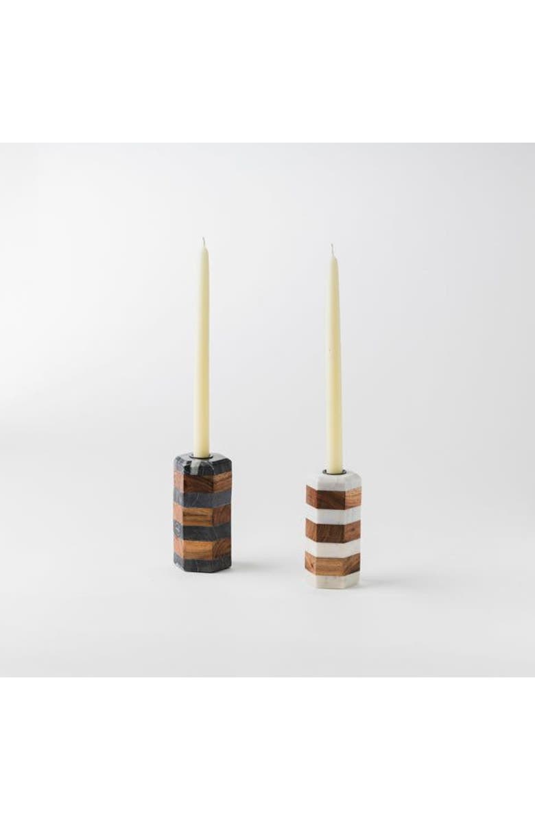 Mela Artisans Striped Marble & Acacia Candleholders, Alternate, color, Black