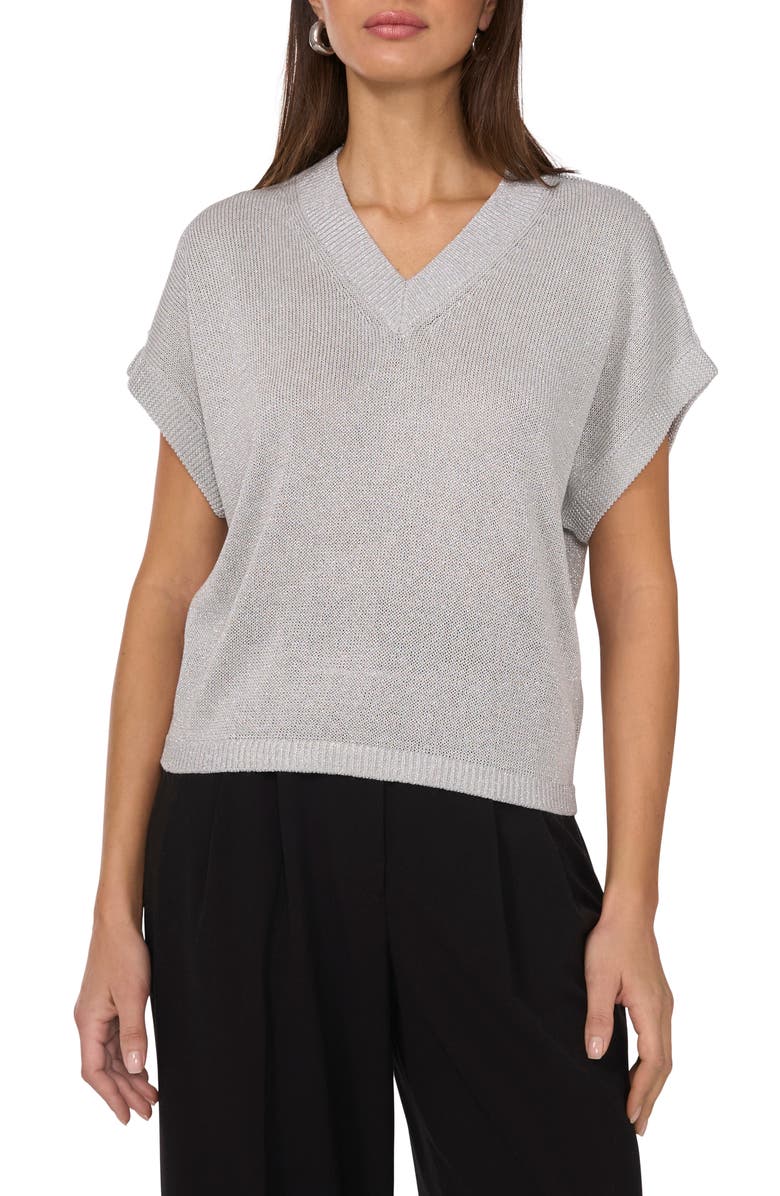 Vince Camuto Metallic V-Neck Sweater, Main, color, Ash Blue Silver