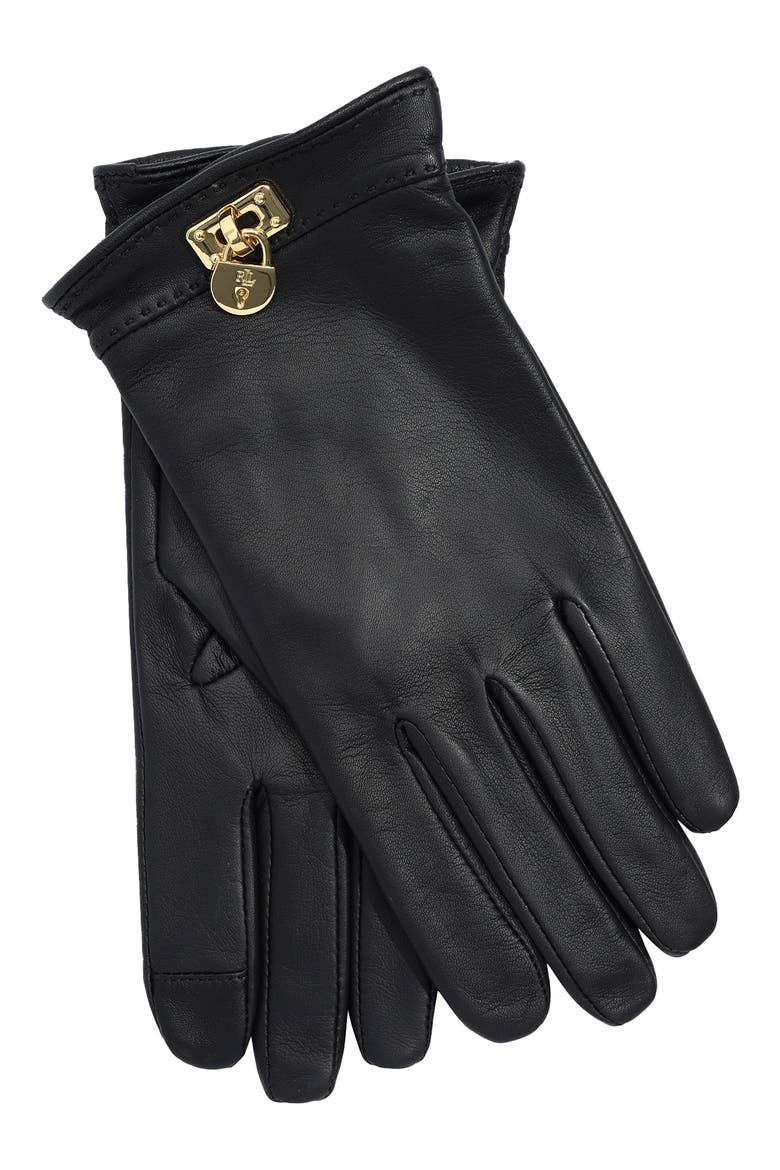 Logo Plate Leather Gloves, Alternate, color, BLACK