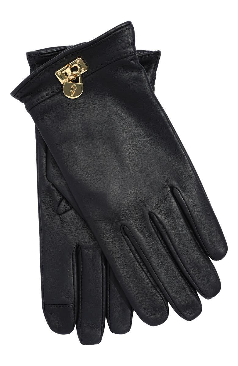 Lauren Ralph Lauren Logo Plate Leather Gloves, Alternate, color, Black