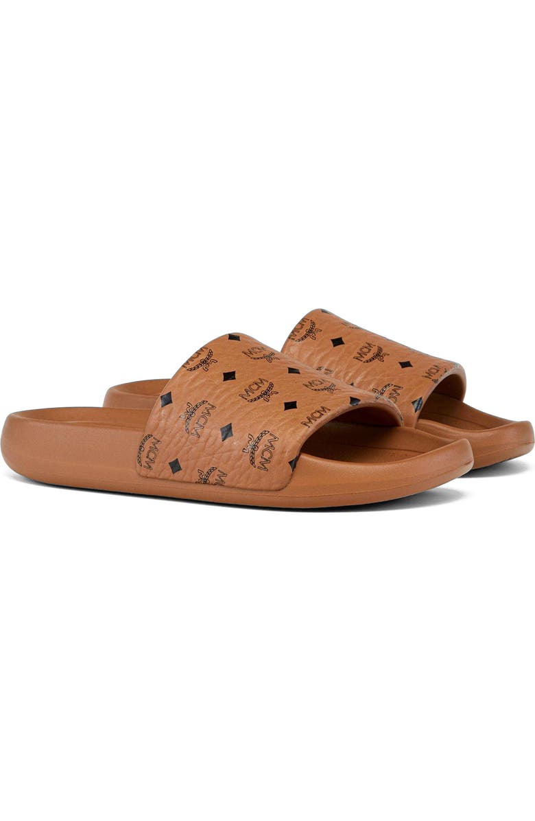 MCM Women's Monogram Print Rubber Slides, Main, color, Cognac