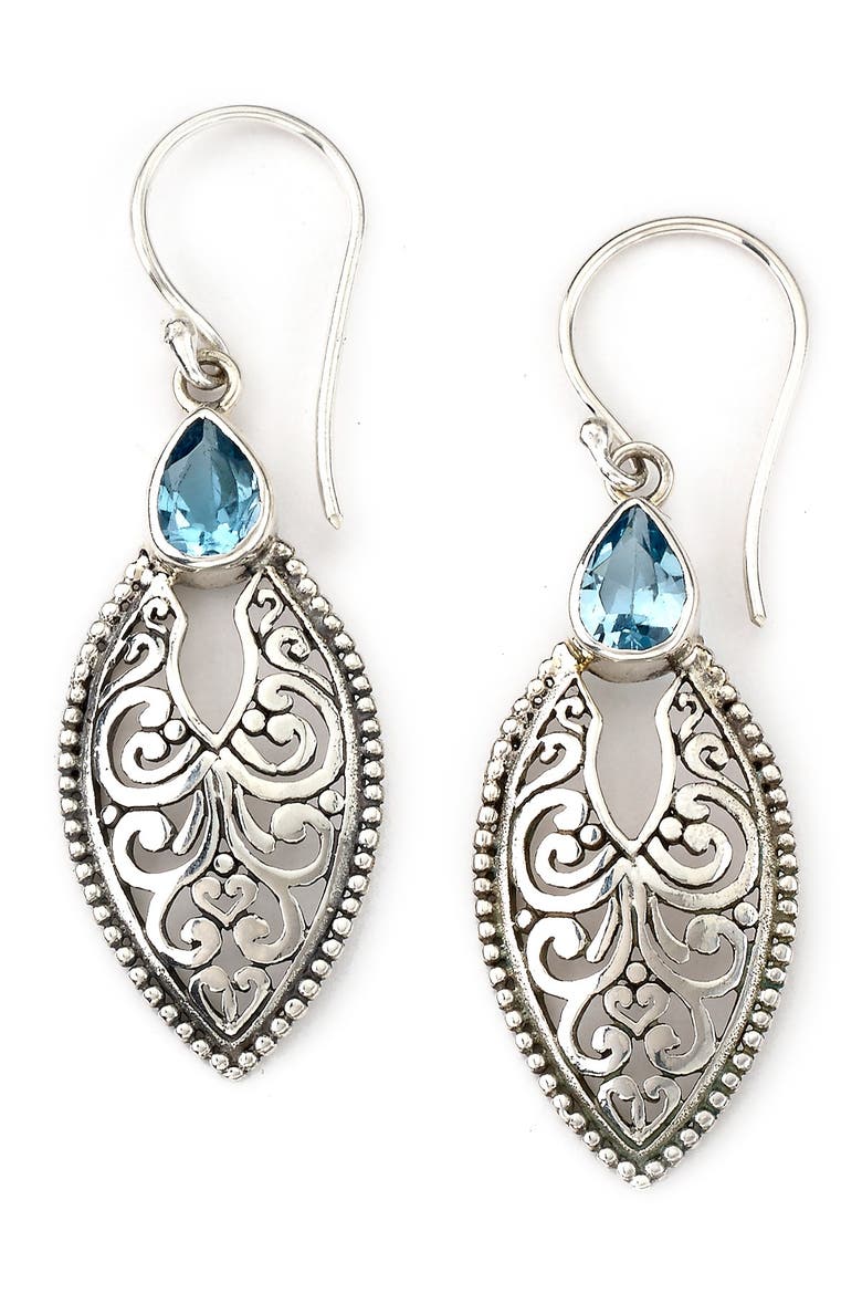 Sterling Silver Bali Design Marquise Shape Blue Topaz Earrings, Main, color, BLUE