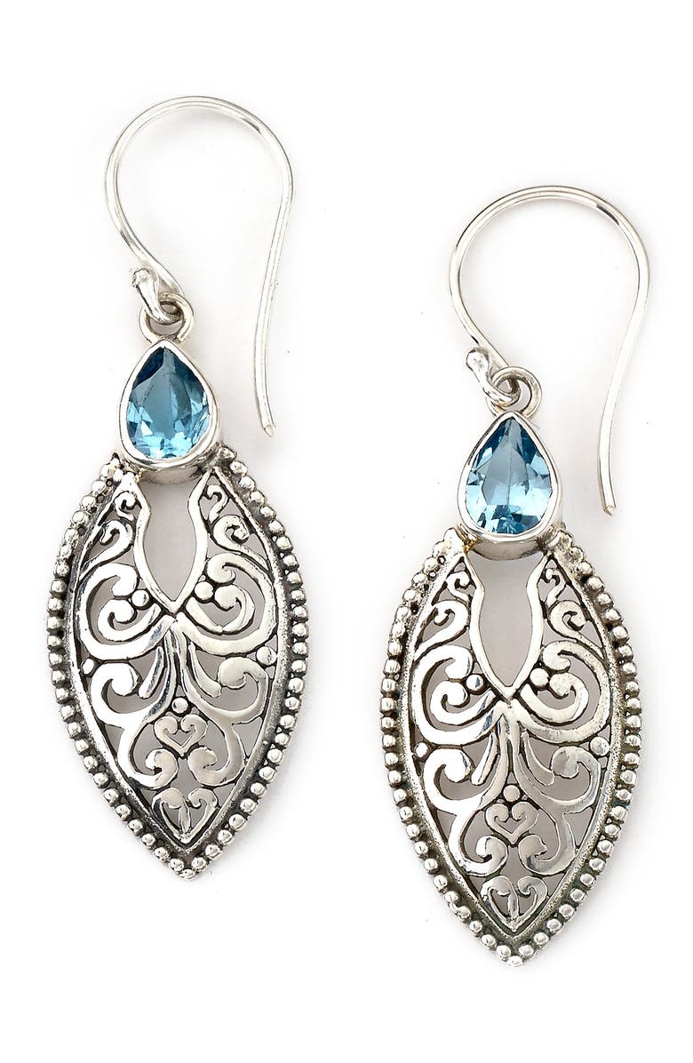 SAMUEL B. Sterling Silver Bali Design Marquise Shape Blue Topaz Earrings, Main, color,