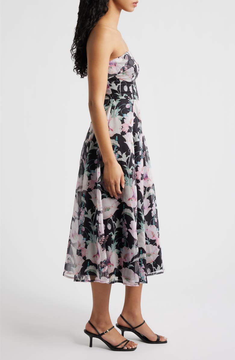 Lulus Elena Floral Strapless Cocktail Midi Dress, Alternate, color, Black Floral
