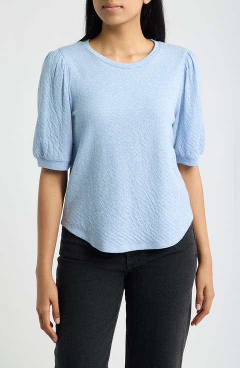 Puff Sleeve Textured Cotton T-Shirt