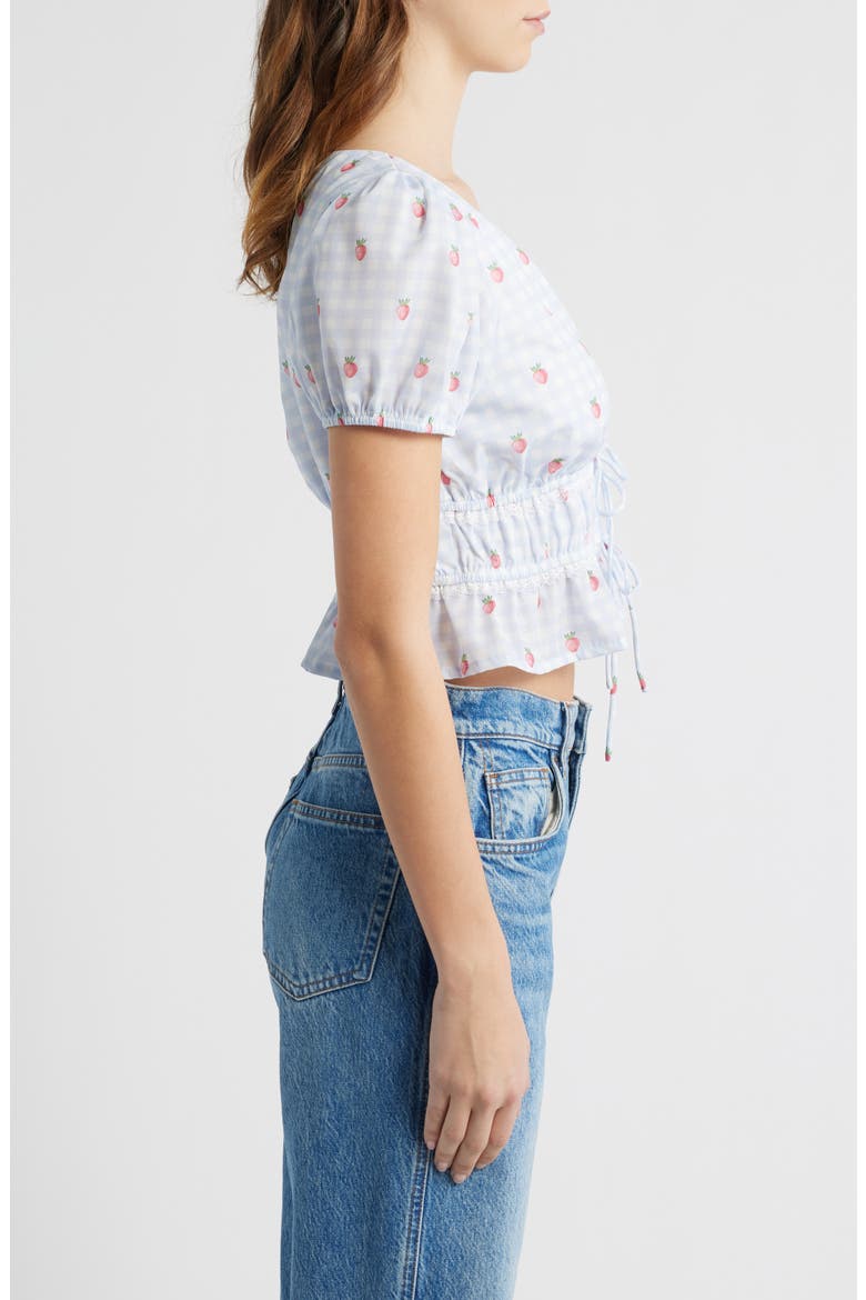Gingham Strawberry Tie Front Crop Top, Alternate, color, BLUE GINGHAM