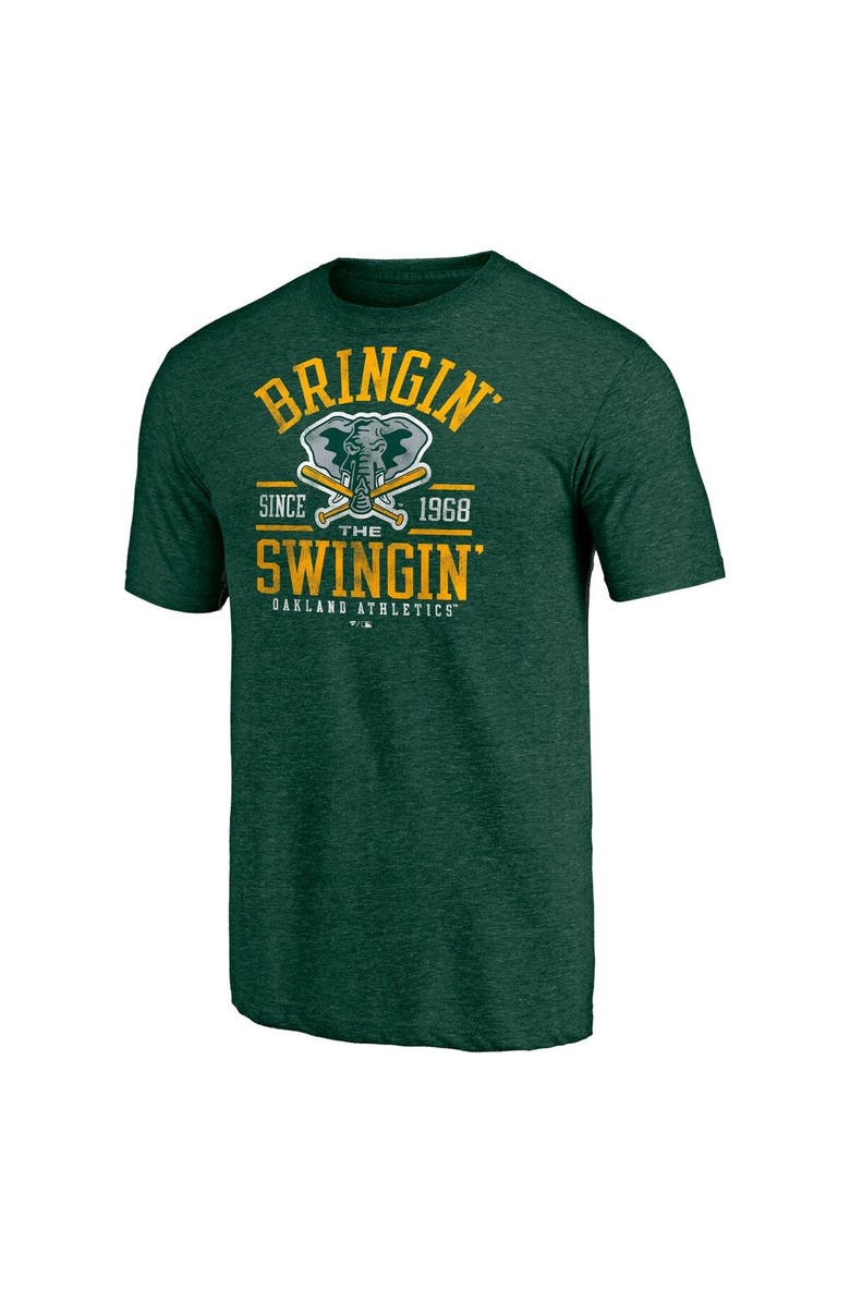 FANATICS Men's Fanatics Branded Heathered Green Oakland Athletics Bringin' The Swingin' Hometown Collection Tri-Blend T-Shirt, Alternate, color,