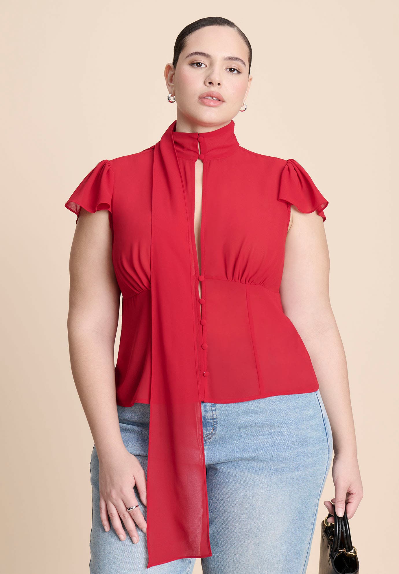 Flutter Sleeve Top With Necktie - image 2