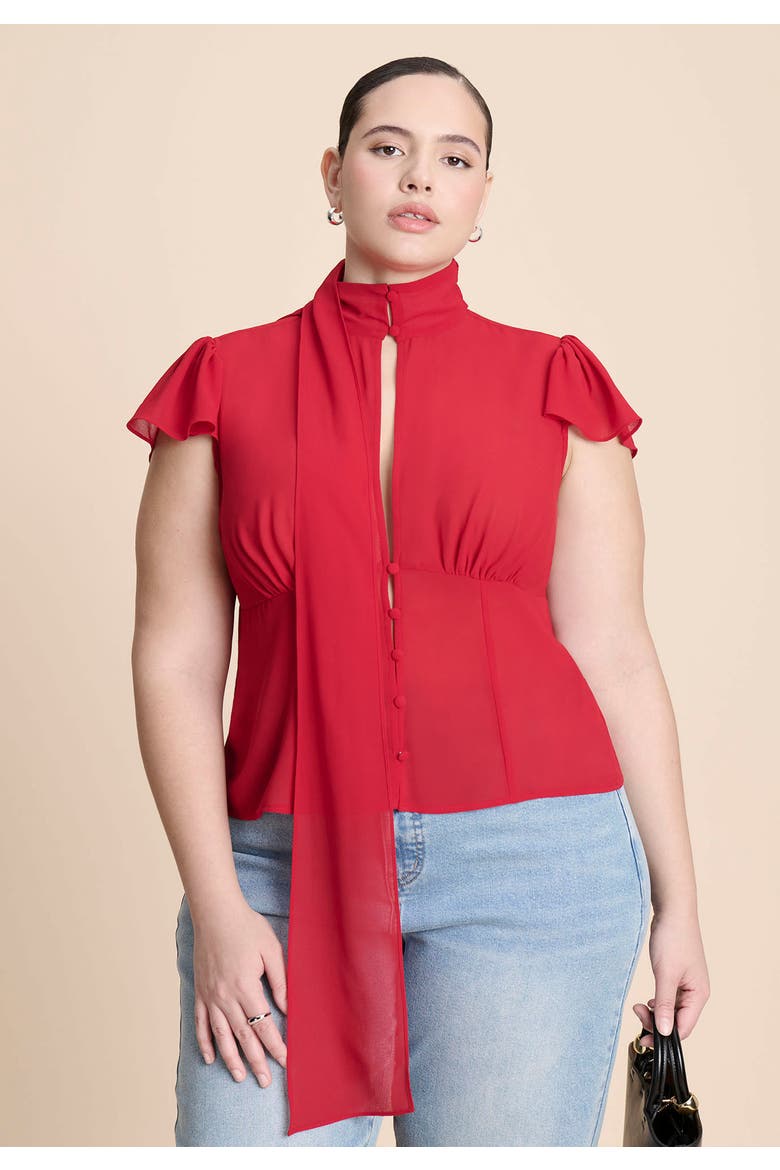 Flutter Sleeve Top With Necktie, Alternate, color, CRIMSON