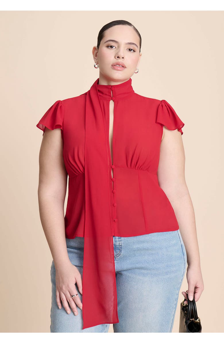 ELOQUII Flutter Sleeve Top With Necktie, Alternate, color, Crimson