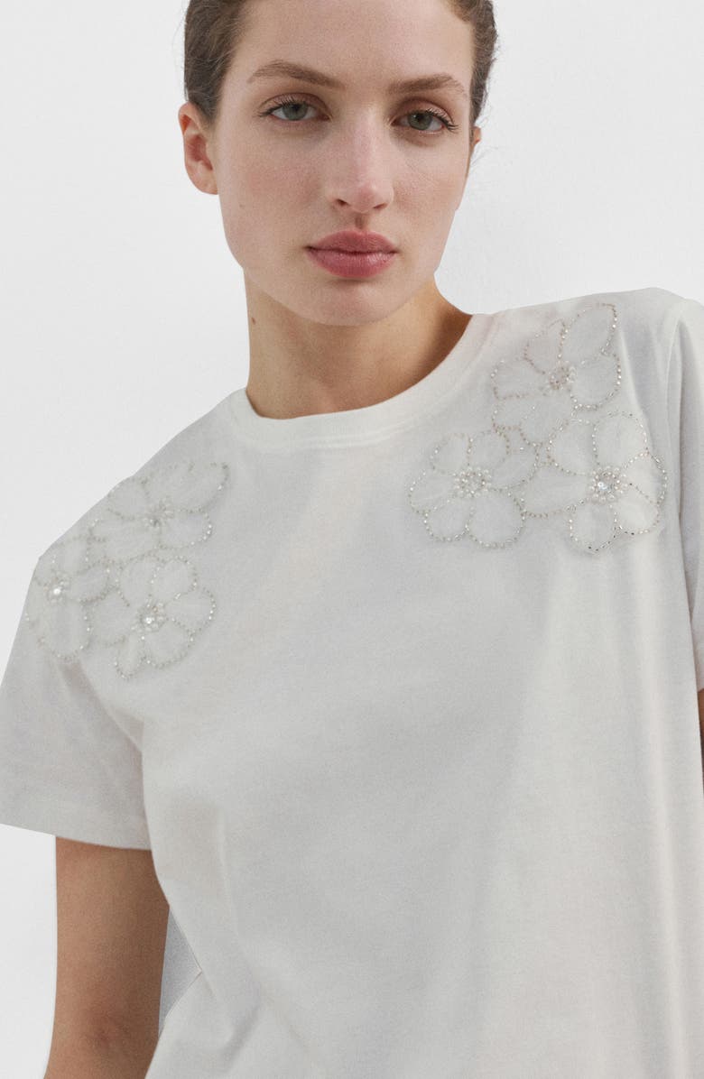 MANGO Floral Embellished Cotton T-Shirt, Alternate, color, Off White
