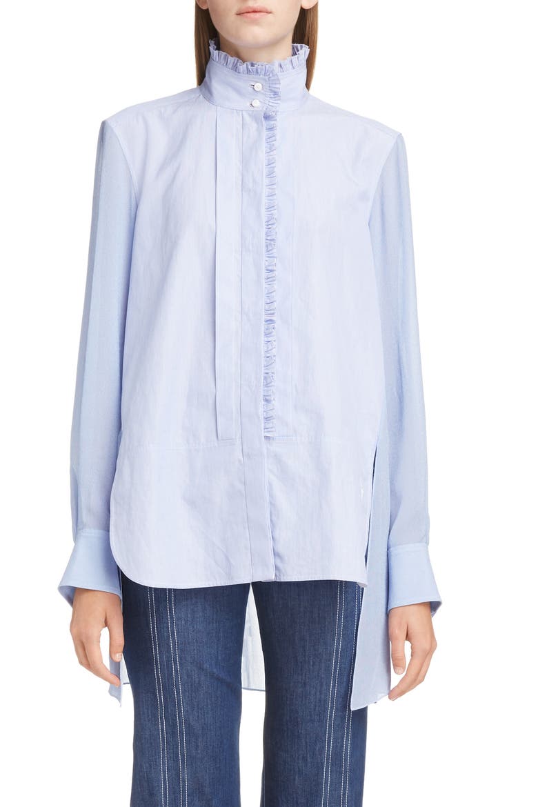 Ruffle Trim High/Low Poplin Shirt, Main, color, LAVENDER BLUE