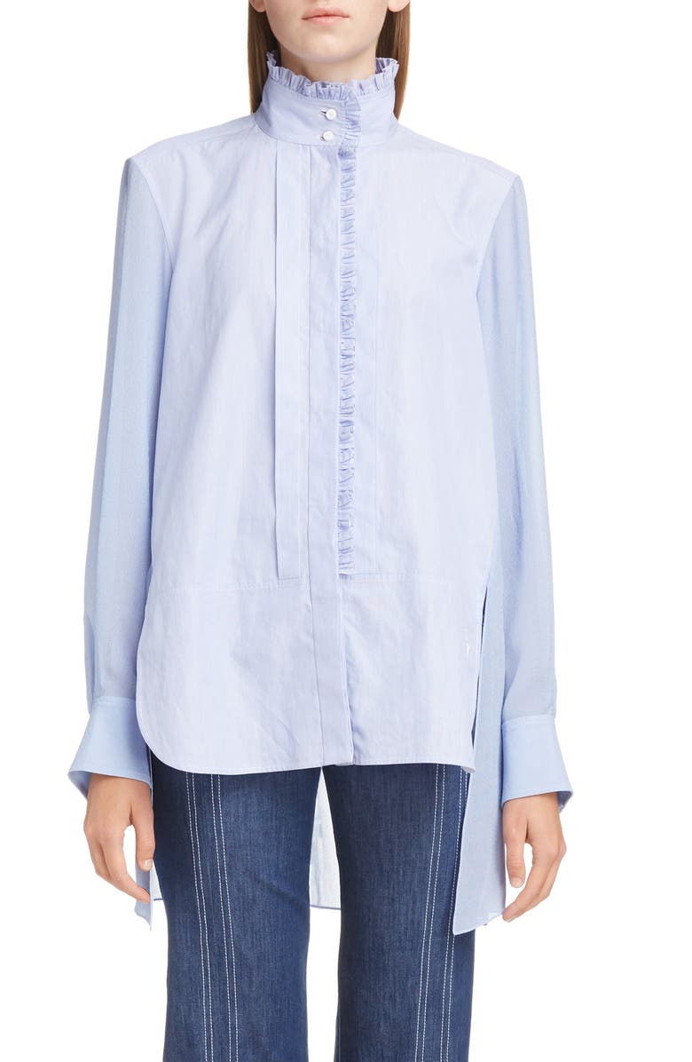 Chloé Ruffle Trim High/Low Poplin Shirt, Main, color, 