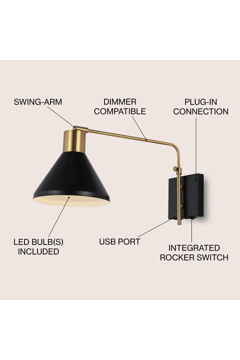 Max Swing Arm 1-Light Modern Midcentury Iron USB Charging Port LED Sconce, Alternate, color, Black