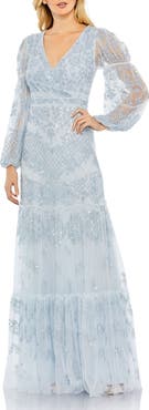 Mac Duggal Sequined Tiered Wrap Over Puff Sleeve Gown