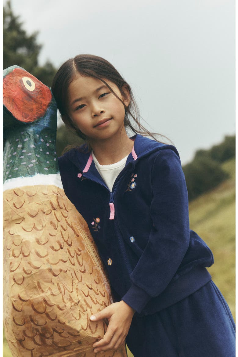 Kids' Embroidered Velour Full Zip Hoodie, Alternate, color, NAVY FLORAL EMBROIDERY