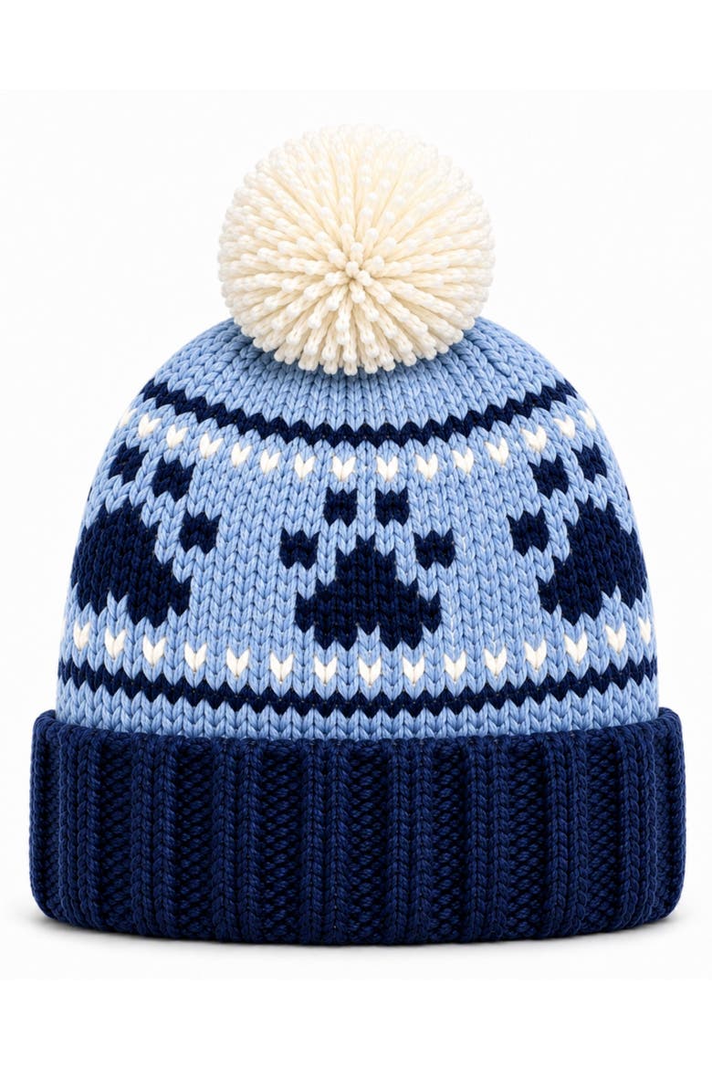 Adult Paw Prints Bobble Hat, Alternate, color, Blue/Navy/Ivory