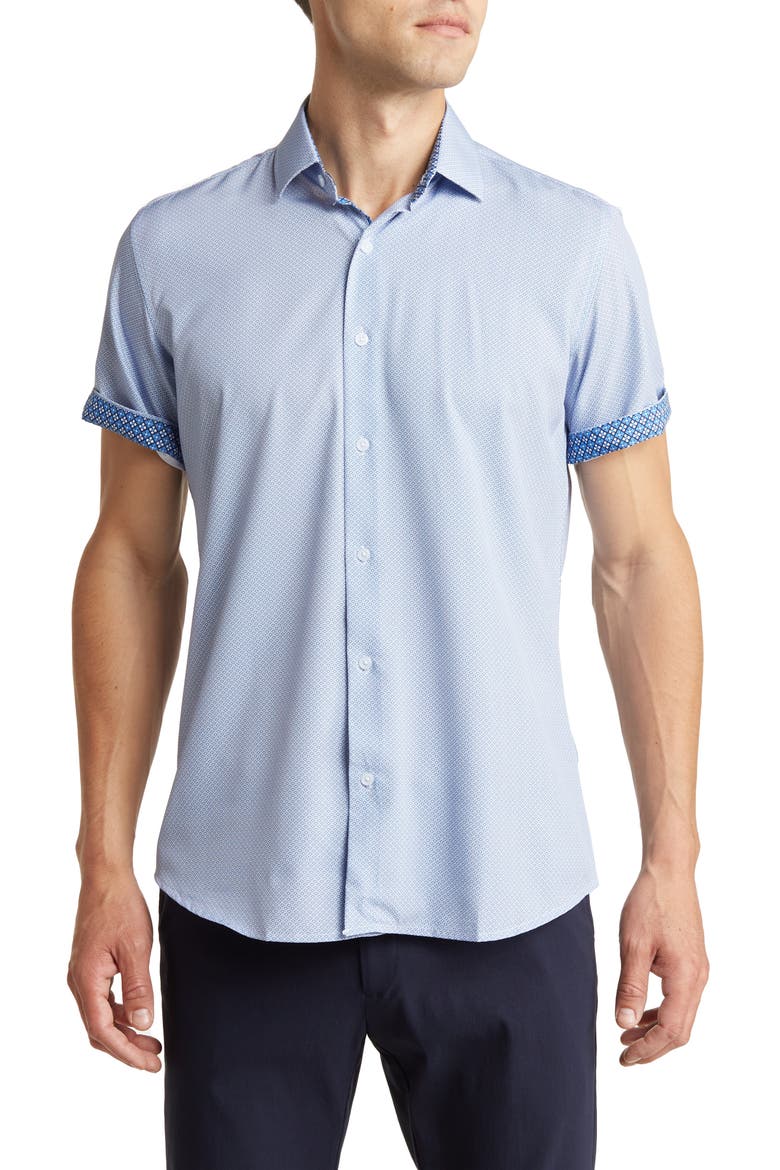 Slim Fit Short Sleeve Performance Stretch Button-Up Shirt, Main, color, BLUE/ WHITE