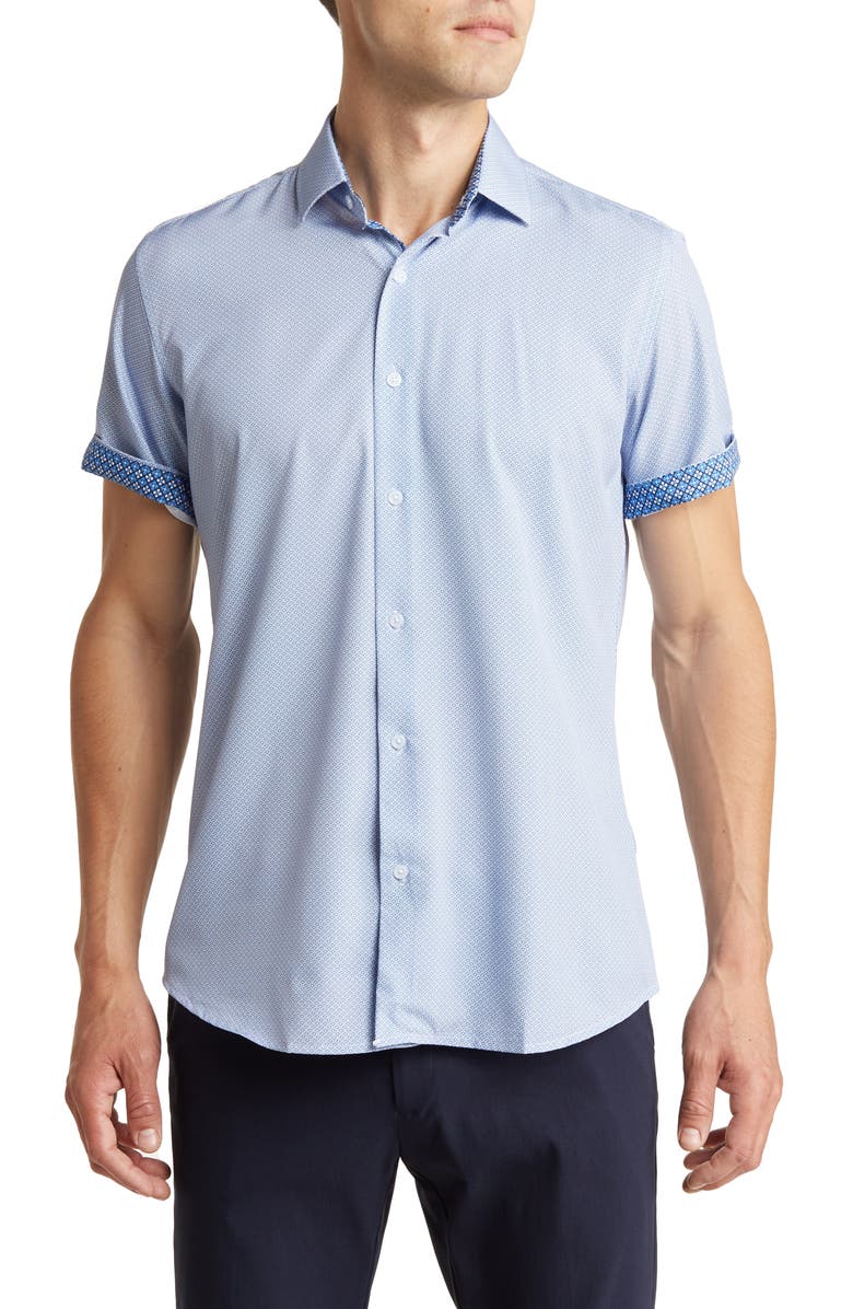 TOM BAINE Slim Fit Short Sleeve Performance Stretch Button-Up Shirt, Main, color, Blue/ White