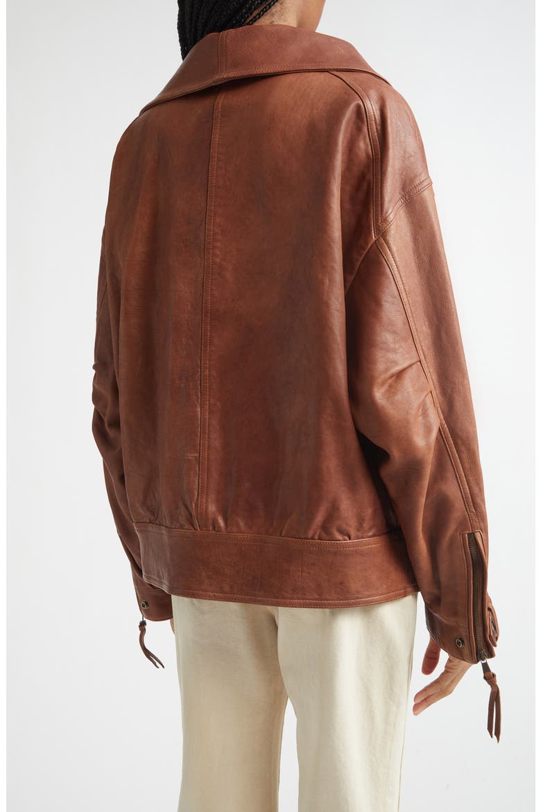 High Collar Leather Bomber Jacket, Alternate, color, 8EH BROWN