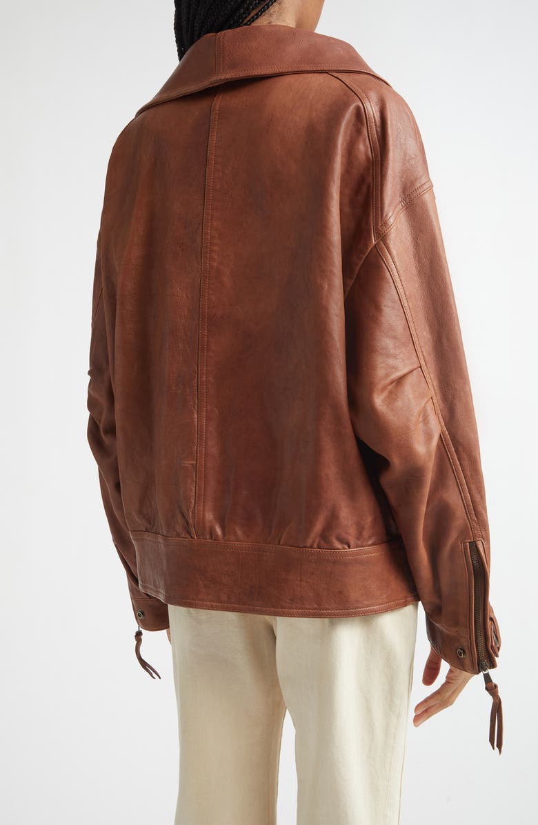Balmain High Collar Leather Bomber Jacket, Alternate, color, 8Eh Brown