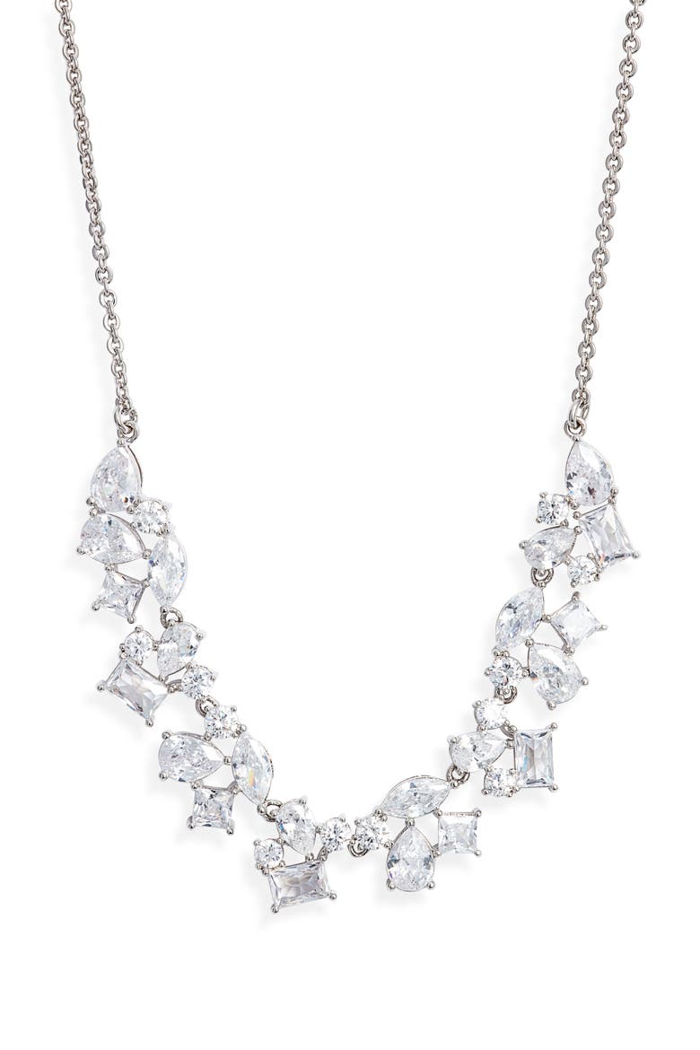 Cubic Zirconia Cluster Statement Necklace, Main, color, CLEAR- SILVER