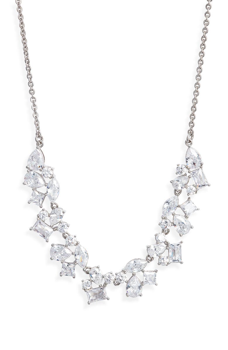 Nordstrom Cubic Zirconia Cluster Statement Necklace, Main, color, Clear- Silver