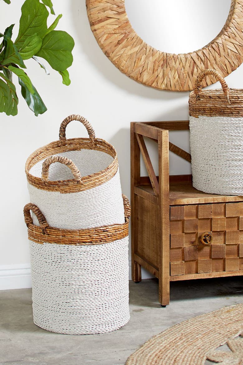 White Seagrass Handmade Two-Tone Storage Basket with Handles - Set of 3, Alternate, color, WHITE