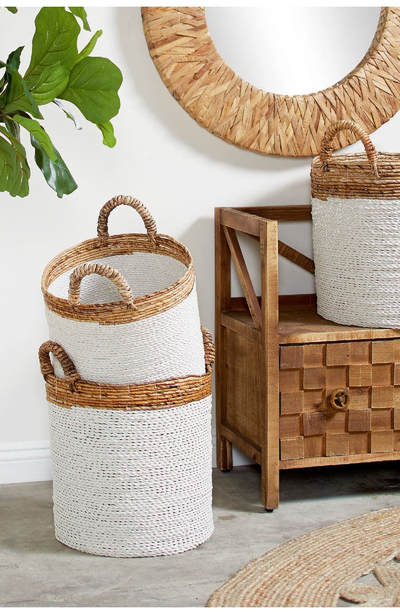 GINGER BIRCH STUDIO White Seagrass Handmade Two-Tone Storage Basket with Handles - Set of 3, Alternate, color,