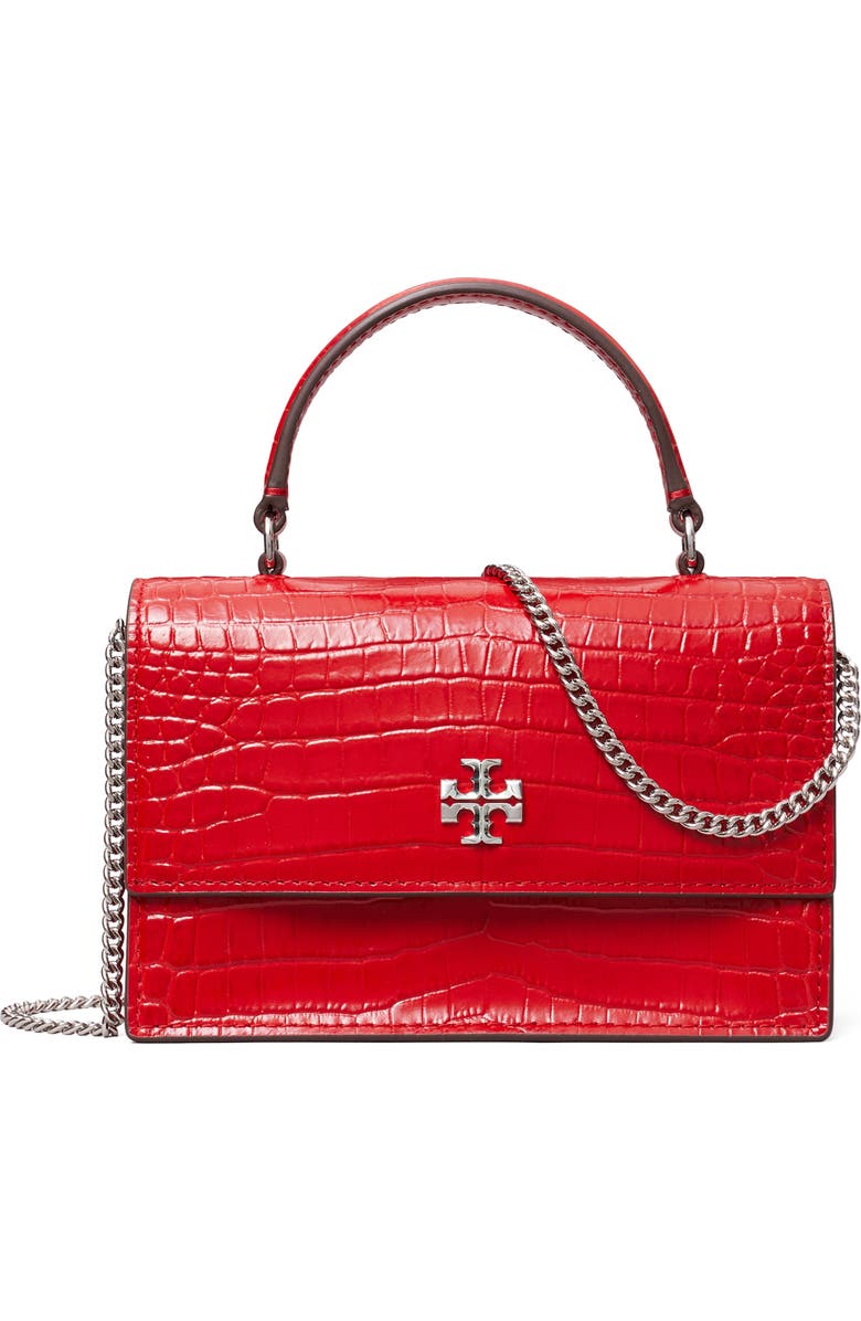 Tory Burch Mini Kira Croc Embossed Leather Top Handle Bag, Main, color, Red Sky