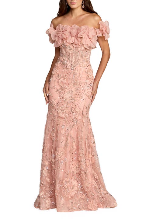 3D Floral Embellished Off The Shoulder Mermaid Gown