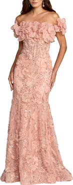 Mac Duggal 3D Floral Embellished Off The Shoulder Mermaid Gown