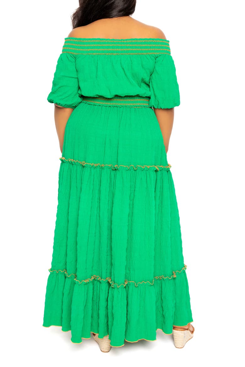 Smocked Off the Shoulder Puff Sleeve Top & Maxi Skirt Set, Alternate, color, GREEN