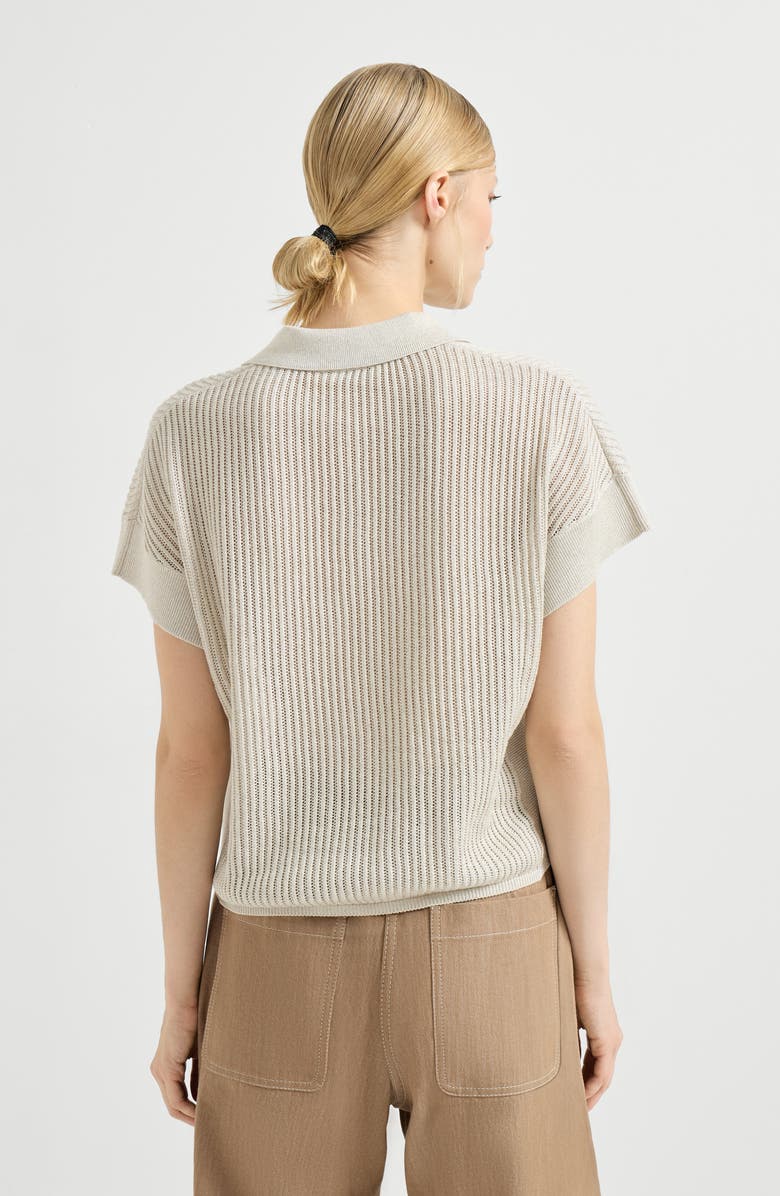 Brunello Cucinelli Ribbed net polo shirt, Alternate, color, Oat
