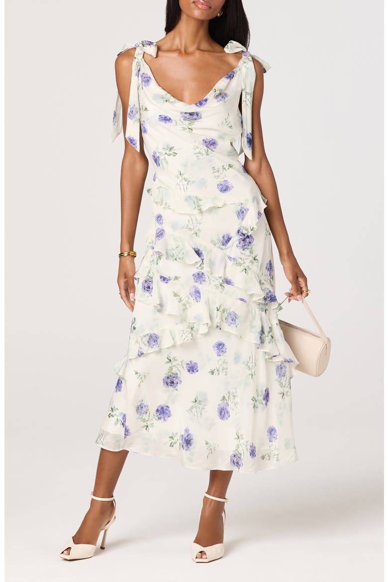Fen Floral Print Midi Dress, Main, color, OFF WHITE PURPLE FLORAL